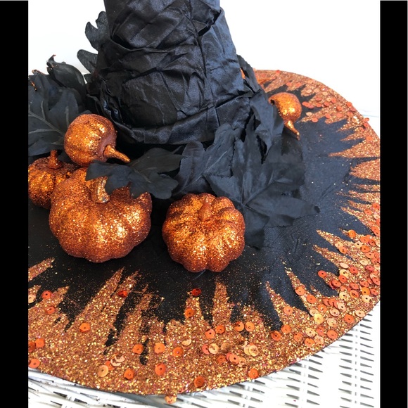 1 of Pumpkin patch witch hat Orange sparkles top & under brim black leaves 18"h - Picture 13 of 16